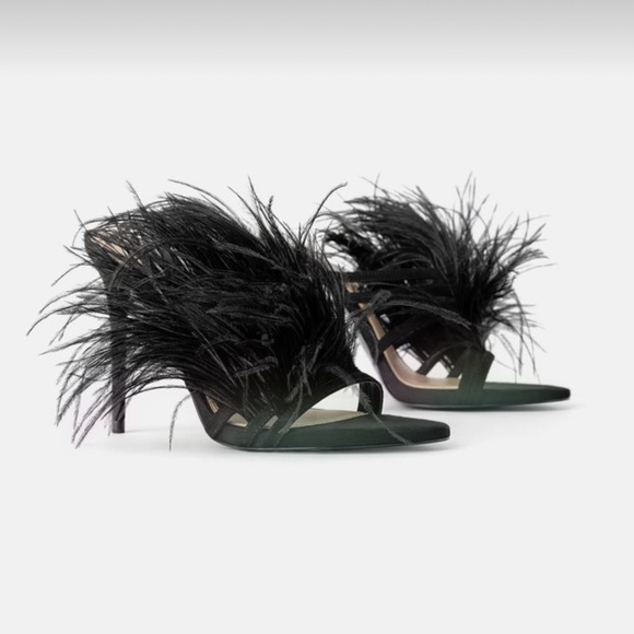 New Zara Black Feathered Heeled Srappy Party Boudoir Sandals Size EU 37 - Picture 1 of 11